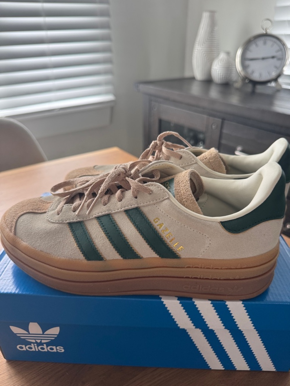 adidas Gazelle Suede Sneakers in Beige with Dark Green Stripes